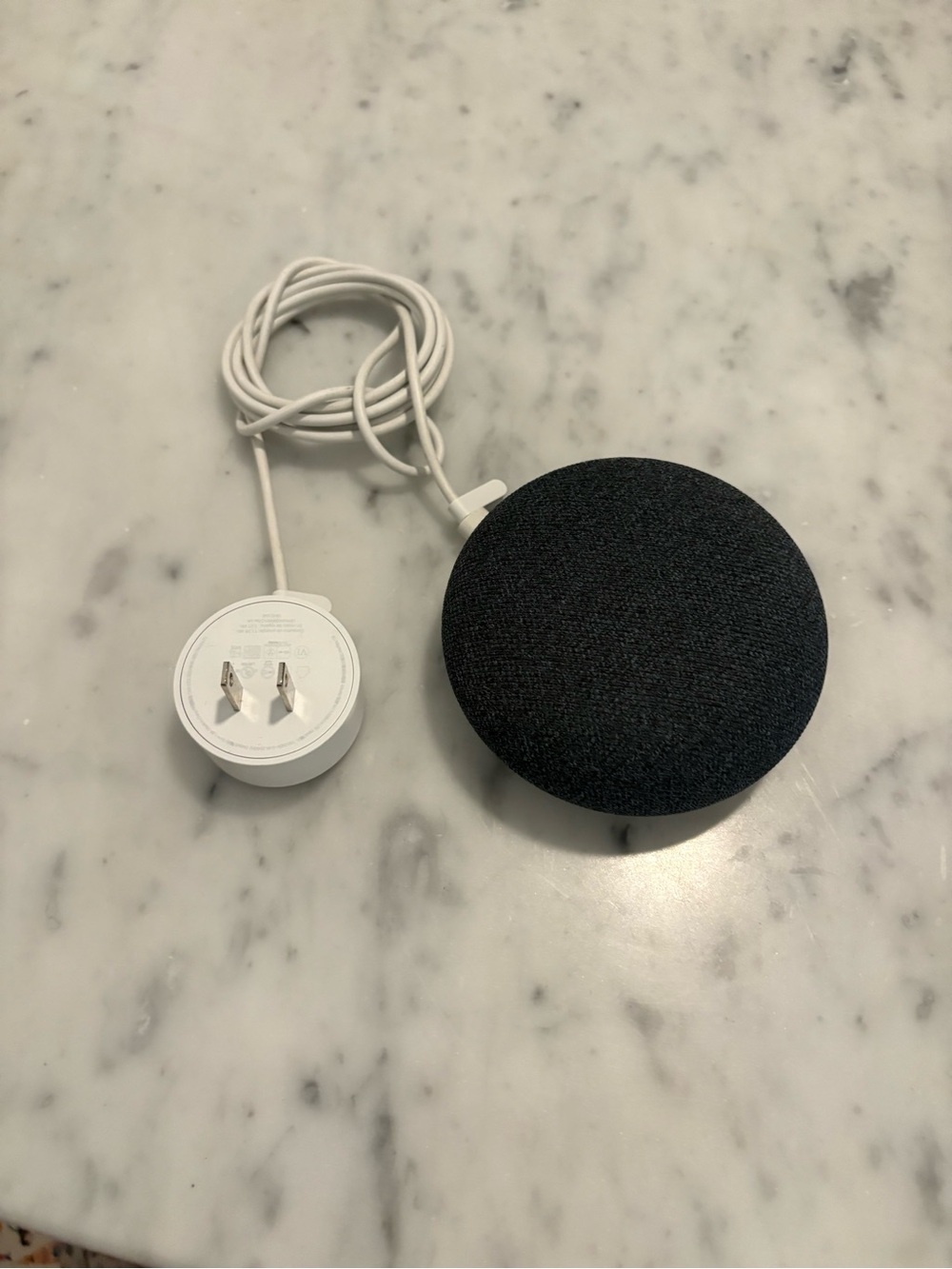 google Mini Smart Speaker in Charcoal with White Power Adapter